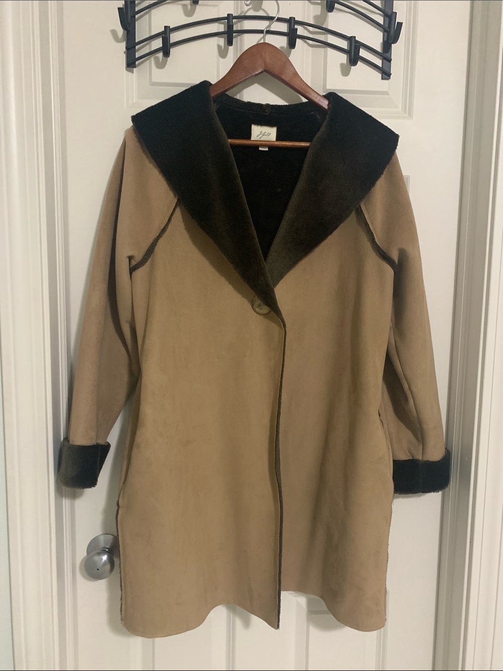 J. Jill Tan Trench Coat with Dark Brown Faux-Shearling Trim